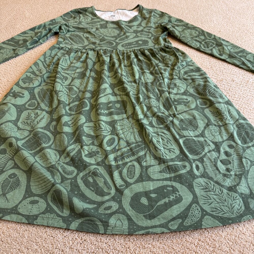 Winter Water Factory Dress Copenhagen Green Fossil Print LS Organic Cotton XS - Picture 7 of 16